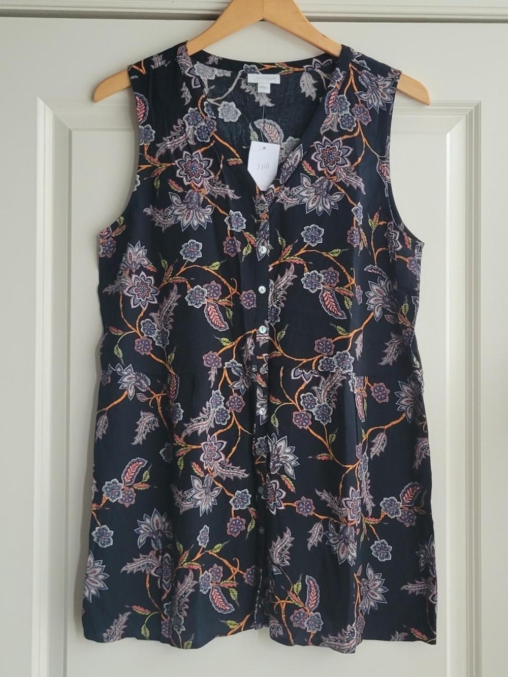 J. Jill Navy Sleeveless Floral Tunic with Button Placket